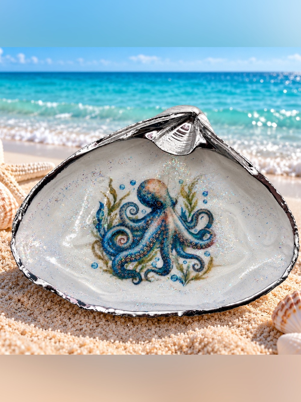 Coastal Blue Octopus Shell Ceramic Art – Nautical Home Accent